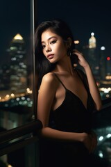 Elegant Evening Portrait Of a Woman With a cityscape..Beautiful girl. Portrait in night city lights.  fashion style portrait of young pretty beautiful woman. Generative ai.