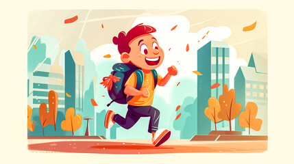 Happy boy runs to school, generative AI.