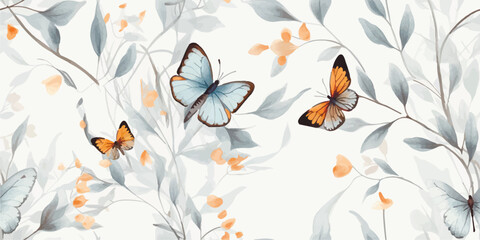 Seamless floral pattern of abstract butterfly and branches with leaves. Watercolor illustration on grey background blue, black and orange colors in vintage style