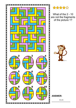 Abstract visual puzzle with whimsical pattern: What of the 2 - 10 are not the fragments of the picture 1? Answer included.
