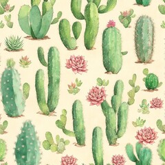 Clipart cacti on a light background, succulents blooming, watercolor. Pattern. Generativ AI.