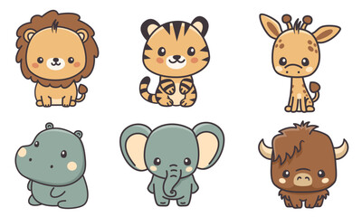 Set of vector animals of Africa on white background. Animals in cute kawaii style. Lion, tiger, elephant, hippo, giraffe, buffalo. Vector illustration