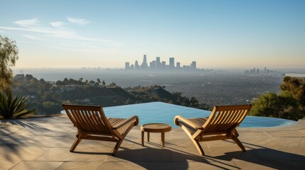 Lounge chairs at sunset on terrace with a pool with a stunning view of huge city