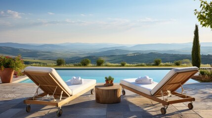 Lounge chairs at sunset on terrace with a pool with a stunning view of green nature and mountains