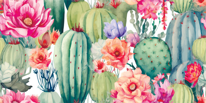Seamless floral pattern with cacti, succulents and flowers. Watercolor garden, mexican colorful print