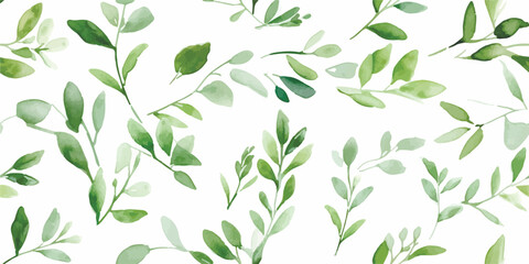 Seamless floral pattern with green leaves on branches, watercolor illustration isolated on white background