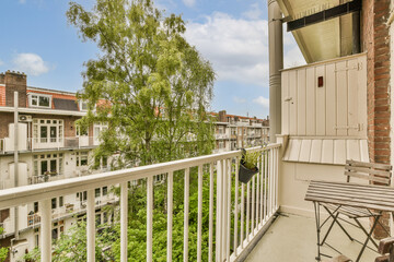 a balcony with trees and buildings in the background on a sunny day, as seen from an apartment's...