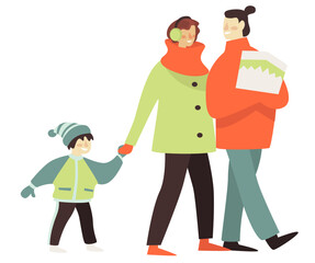 Mom and dad with child walking in winter