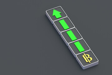 Currency rate. Korean won symbol and green arrow on buttons. Money appreciation concept. Investment growth. Increase in foreign exchange reserves. Dynamics of the growth. 3d render