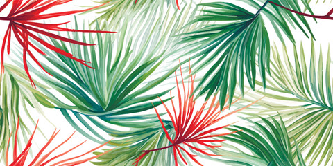 Naklejka na ściany i meble Tropical seamless pattern of colorful palm leaves red wax palm Cyrtostachys renda , watercolor isolated illustration for textile, background, wallpapers or your design floral