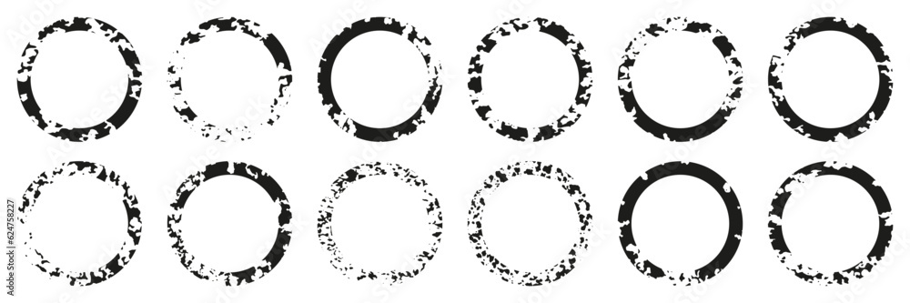 Poster round grunge frame set. splatter in circle shape collection. grungy abstract border. paintbrush with