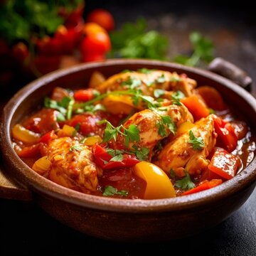 Poulet Basquaise with vibrant colors of bell peppers and tomatoes