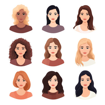 Portrait of Women with Different Hair set vector isolated illustration