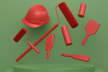 Abstract scene with safety helmet, brushes with paint rollers on monochrome