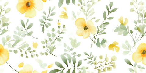 Watercolor seamless pattern with abstract yellow flowers and green leaves in pastel colors. Floral illustration on white background. © Eli Berr