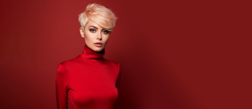 Caucasian woman haircut, pixiecut hairstyle fashion portrait banner on red background