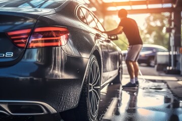 a Professional Car Wash Specialist back view Using a High-Pressure Washer to Clean and Prepare a Sports Coupe for Detailing, Polishing, and Waxing 