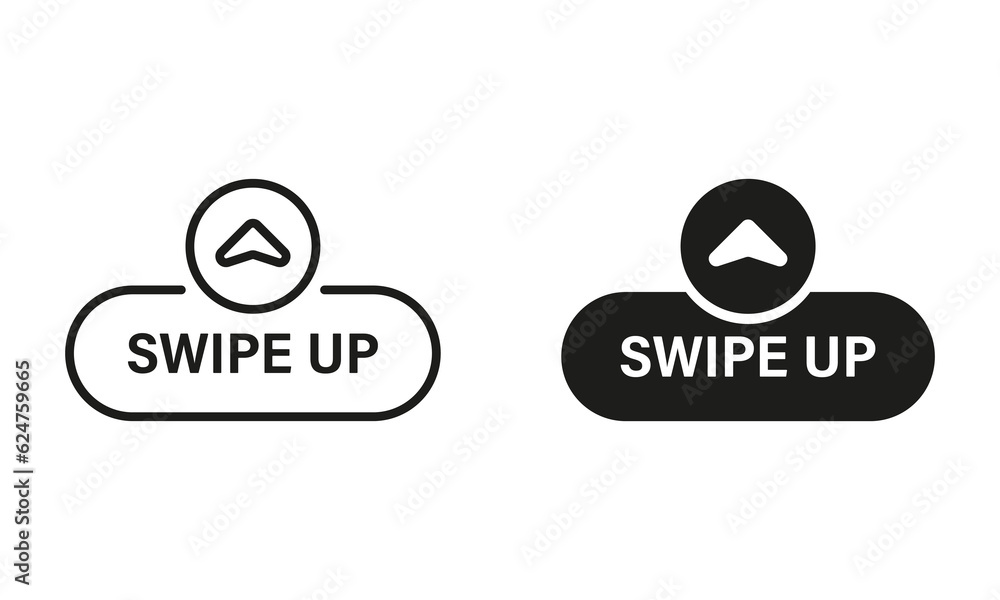 Poster slide drag button line and silhouette icon set. action scroll button pictogram. swipe up button, arr