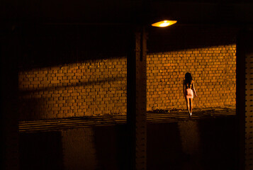 A prostitute in a dark place under a lantern. The girl is waiting for the client at night, under the lamp.