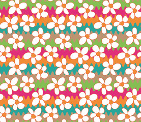 Hand Drawn Doodle Style Vector Flowers Colorful Zigzag Background Seamless Vector Pattern