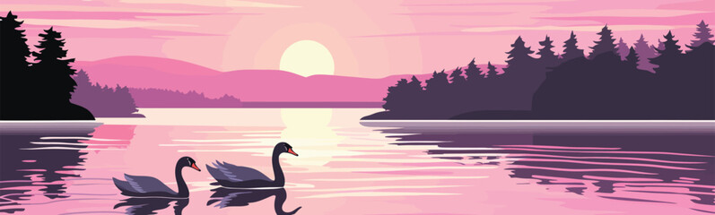 tranquil scene of swans on a lake at dawn vector isolated illustration - obrazy, fototapety, plakaty
