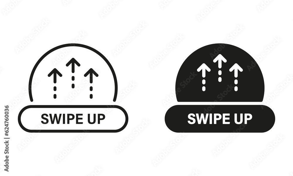 Poster swipe up button line and silhouette black icon set. move arrow to send in social network app pictogr