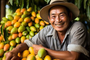 Cheery farmer is gathering mangoes at orchard  