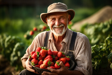 Delighted farmer is collecting strawberries at farm  