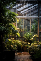 Downpour in the yard of the greenhouse. Photorealistic illustration of Generative AI.