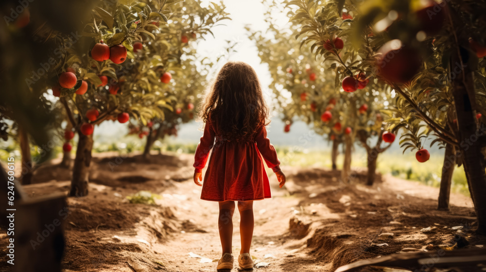 Aufkleber kid playing in apple orchard background with empty space for text