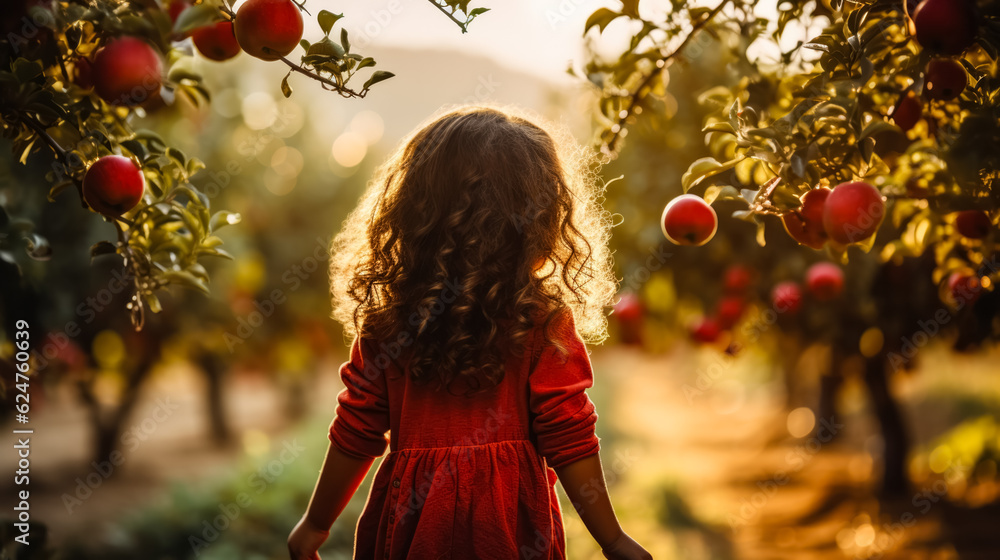 Aufkleber kid playing in apple orchard background with empty space for text