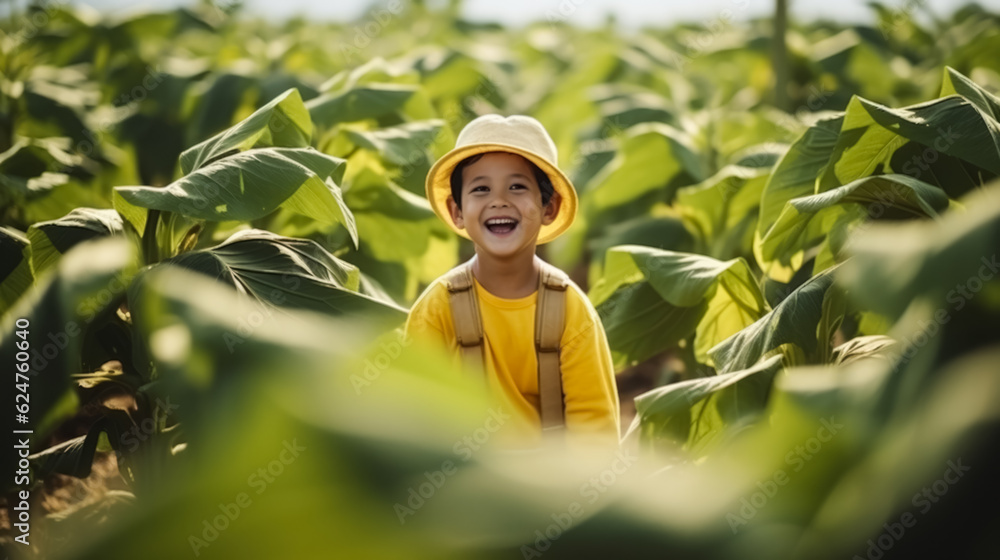 Aufkleber kid playing in banana plantation background with empty space for text