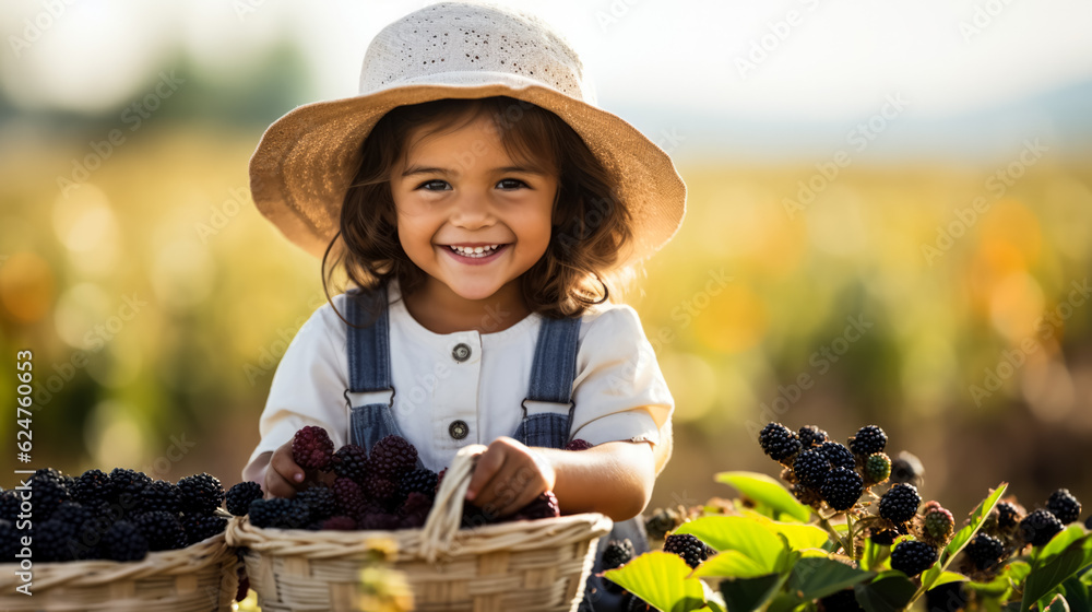Poster kid playing in blackberry farm background with empty space for text