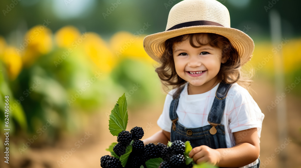 Poster kid playing in blackberry farm background with empty space for text