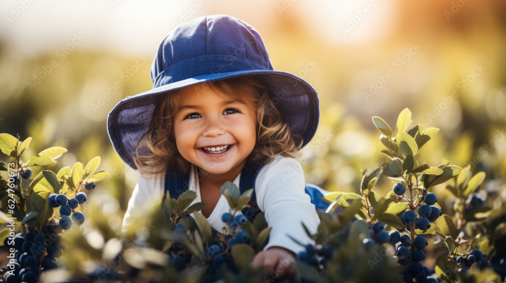 Poster kid playing in blueberry farm background with empty space for text