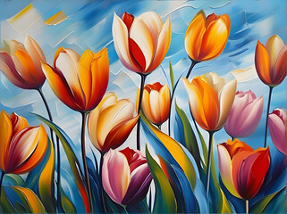 Abstract tulips flowers oil painting with blue sky,generative ai