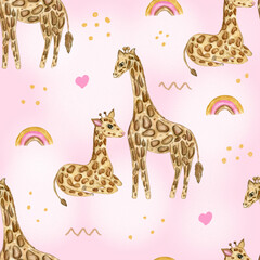 Fototapeta na wymiar Watercolor seamlless pattern with Giraffes and rainbow. Baby pattern with safari animals in boho style
