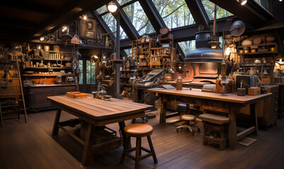 Woodworking workshop, mid-century era