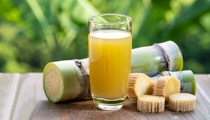 Fresh squeezed sugar cane juice in glass with cut pieces cane on nature background