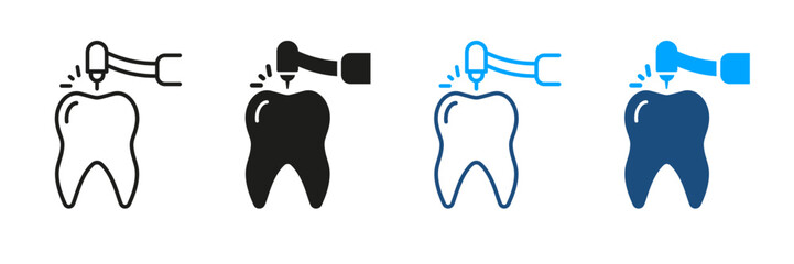 Dentist's Instrument Symbol Collection. Drilling Tooth Silhouette and Line Icons Set. Root Canal Treatment Pictogram. Dentist Drills Teeth, Endodontics Procedure. Isolated Vector Illustration