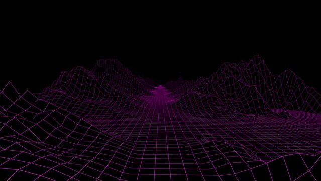 VHS age sci-fi horizon landscape pink neon colored low poly computer wire terrain with mountains without sky and background