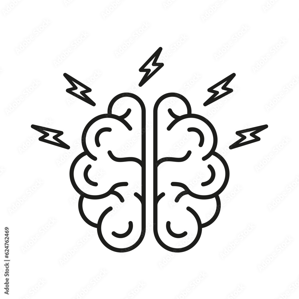 Poster brainstorming, intellectual process symbol. brainstorm line icon. human brain with lightning linear 