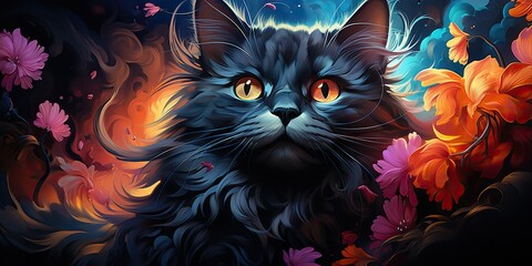 AI Generated. AI Generative. Cute beautiful cat animal pet vibrant colors with oil paint draw background. Cute lovely portrait face. Graphic Art