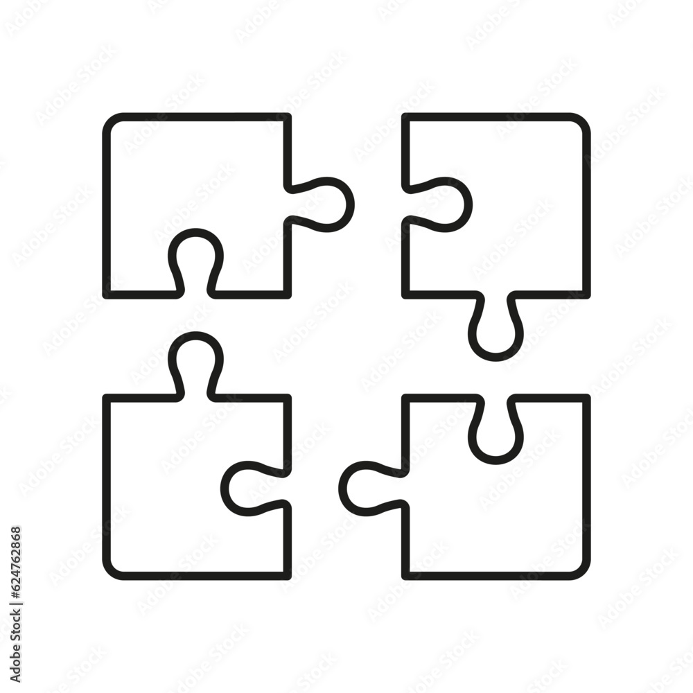 Poster jigsaw square pieces match linear pictogram. puzzle challenge, teamwork, logic game, idea, outline s