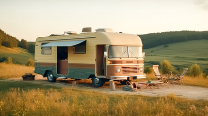 Mobile house standing in field, generative AI.