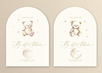 Cute baby shower watercolor invitation card for baby and kids new born celebration with plush teddy bear toy.