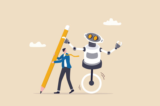 AI Artificial Intelligence Work With Human, Robot Or Automation To Help Success, Robot To Replace Human Employment, Job Uncertainty Concept, Frustrated Businessman Working With Pencil With AI Robot.