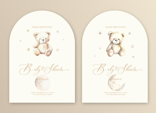 Naklejka Cute baby shower watercolor invitation card for baby and kids new born celebration with plush teddy bear toy.