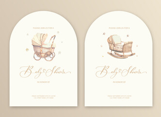 Cute baby shower watercolor invitation card for baby and kids new born celebration with baby carriage.