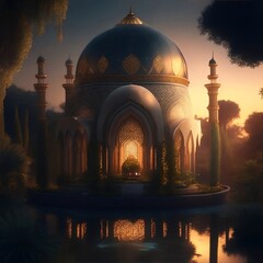 illustration of A lit up model of a mosque generate by AI